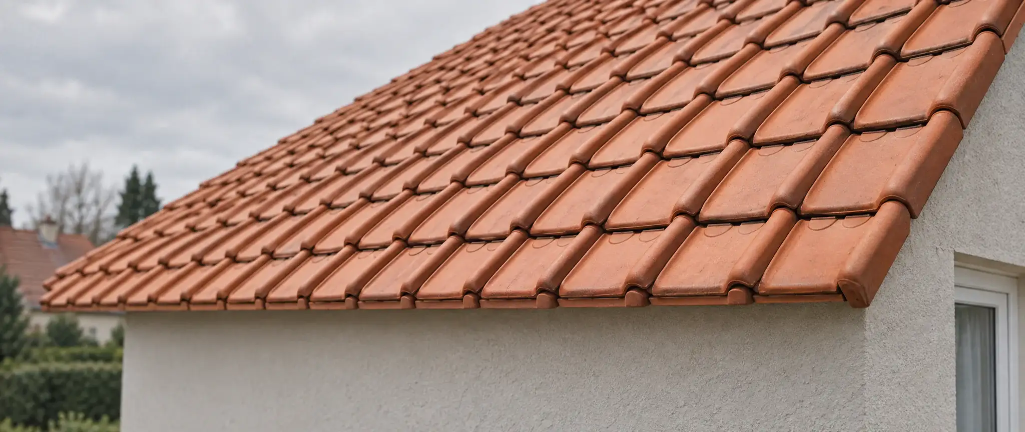 Couvreur à Grande-Synthe : toiture de pavillon en tuiles à emboîtement et rive scellée sur un pignon crépi