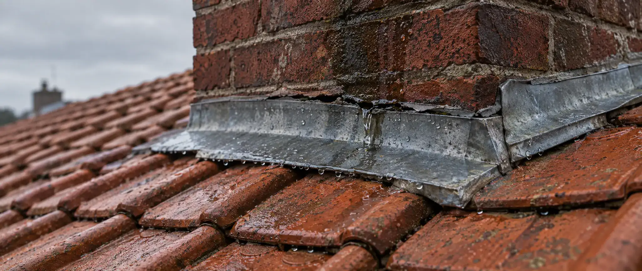 Fuite de toiture à Coudekerque-Branche : solin en zinc décollé au pied d’une cheminée en briques, eau au joint