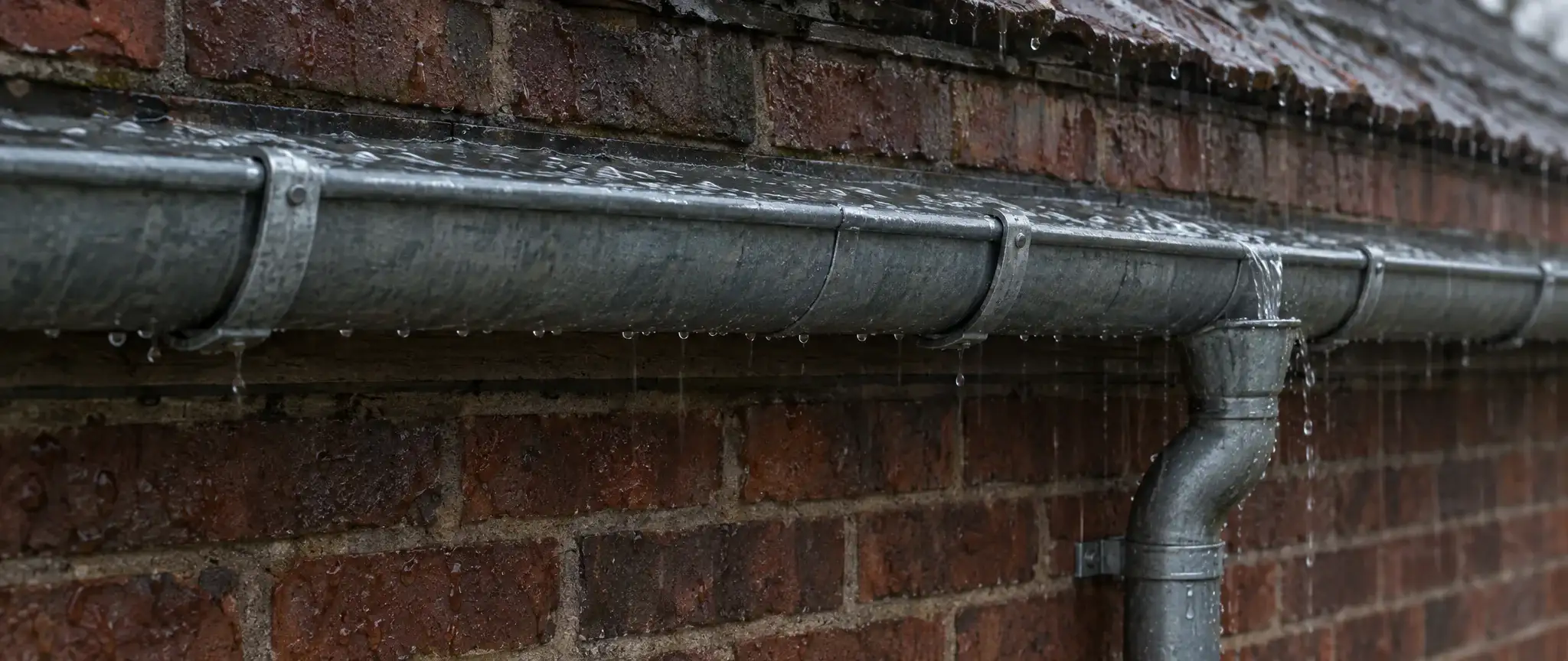 Zinguerie à Dunkerque : gouttière en zinc et descente sous la pluie le long d’un mur en briques rouges