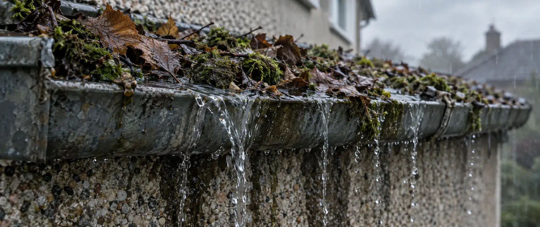 Zinguerie à Grande-Synthe : gouttière en zinc obstruée par les feuilles et la mousse qui déborde sur un mur crépi